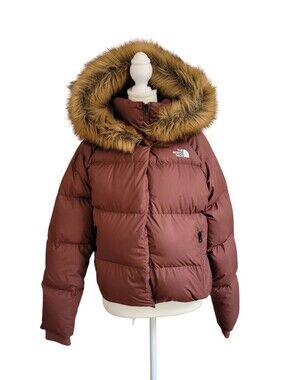 The North Face Rust Brown 550 Down Puffer Jacket Faux Fur Trim Hood Women's S
